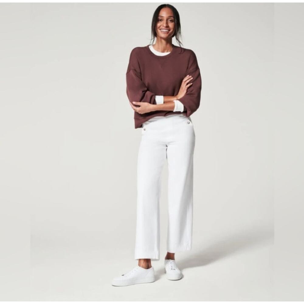 SPANX White Twill Cropped Wide-Leg Pants Size Large Minimalist Tummy Control